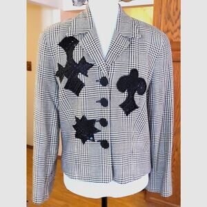 IBE Womens Blazer Jacket 10 Vintage 90s Silk Wool Houndstooth Black Tan Y2K